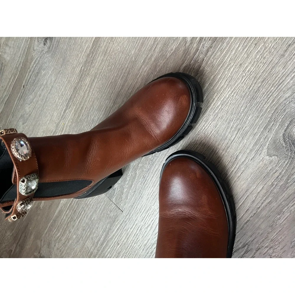 Steve Madden Brown Leather Jeweled Strap Lug Sole Chelsea Boots Chunky  size 7